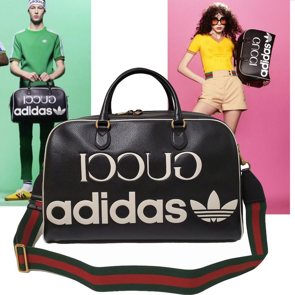 GUCCI BAG 702422 ADIDAS X BLACK LEATHER DUFFEL w TREFOIL WEB STRAP